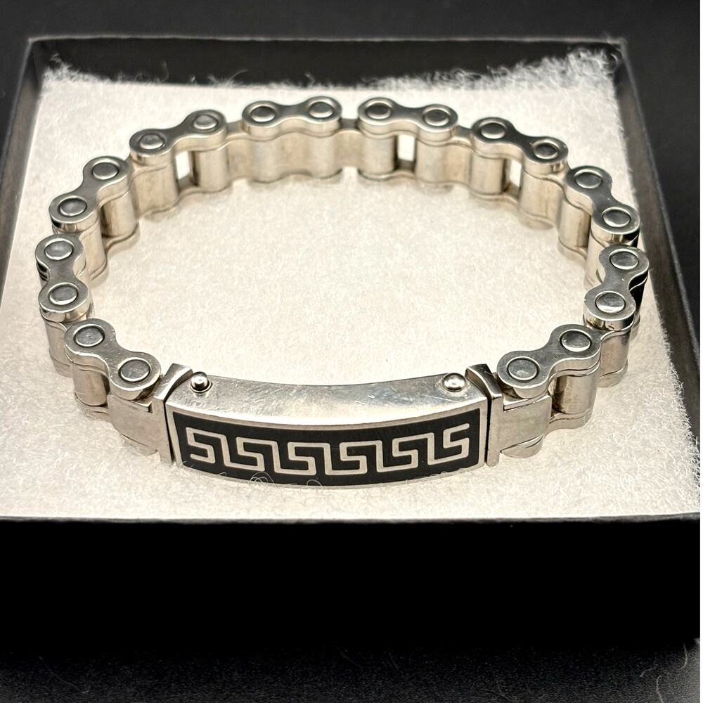 Mens Stainless Steel Chain Bracelet Black Onyx Inlay Greek Key New In Box